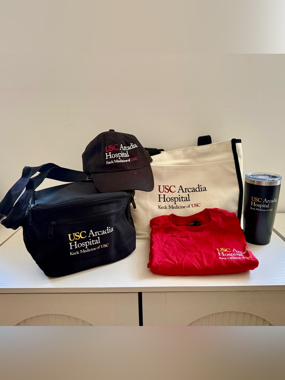 USC Arcadia Hospital Keck Medicine Merch Bundle 5-Piece Tote Cooler Cup T Shirt